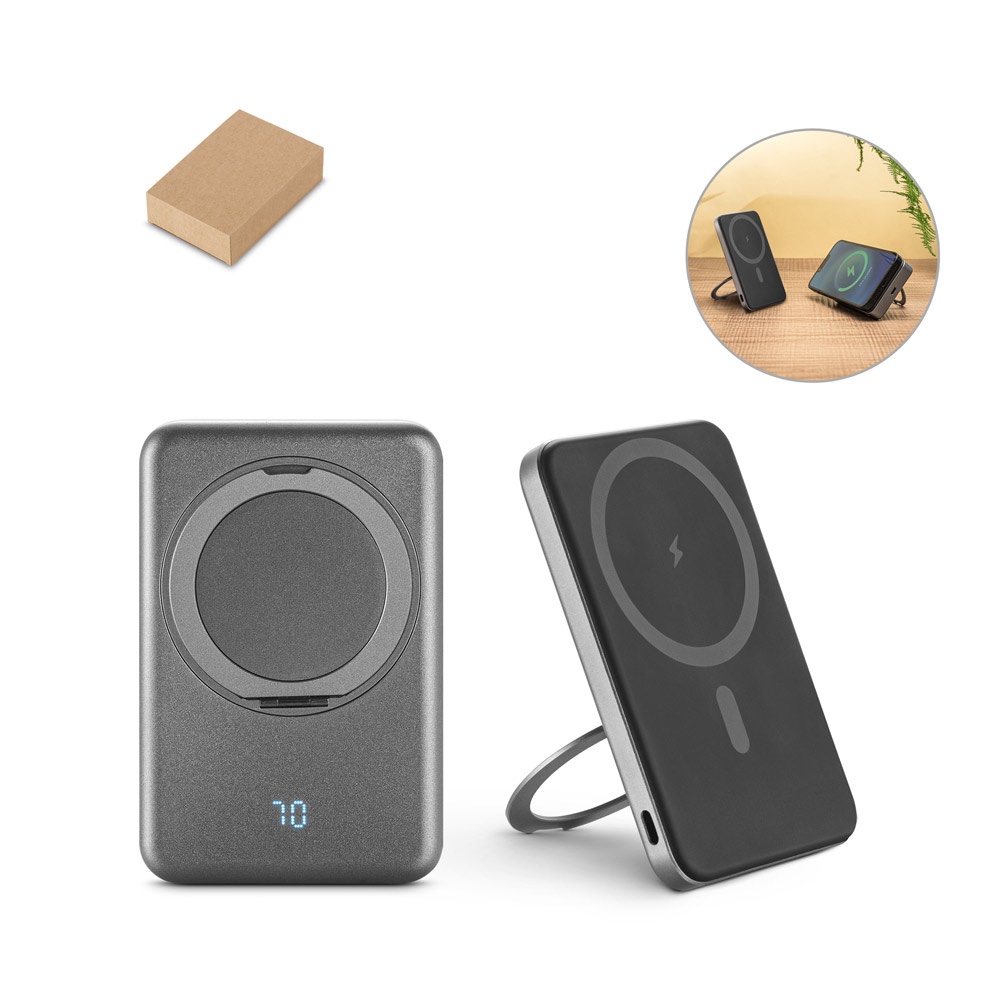 WARSHEL 5. Batería externa magnética de 5000 mAh con cargador inalámbrico ultrarrápido de 15 W en ABS reciclado (100 % rABS) y soporte