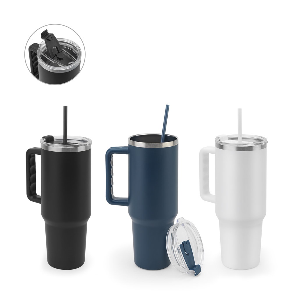 JOYNER XL. Vaso de viaje grande de acero inoxidable (91 % reciclado) con aislamiento al vacío de doble pared y acabado mate de 1300 ml