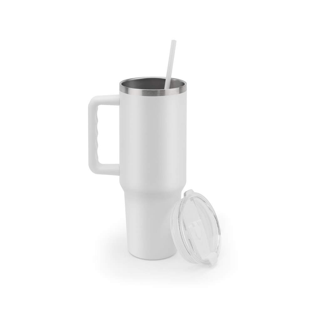 JOYNER XL. Vaso de viaje grande de acero inoxidable (91 % reciclado) con aislamiento al vacío de doble pared y acabado mate de 1300 ml