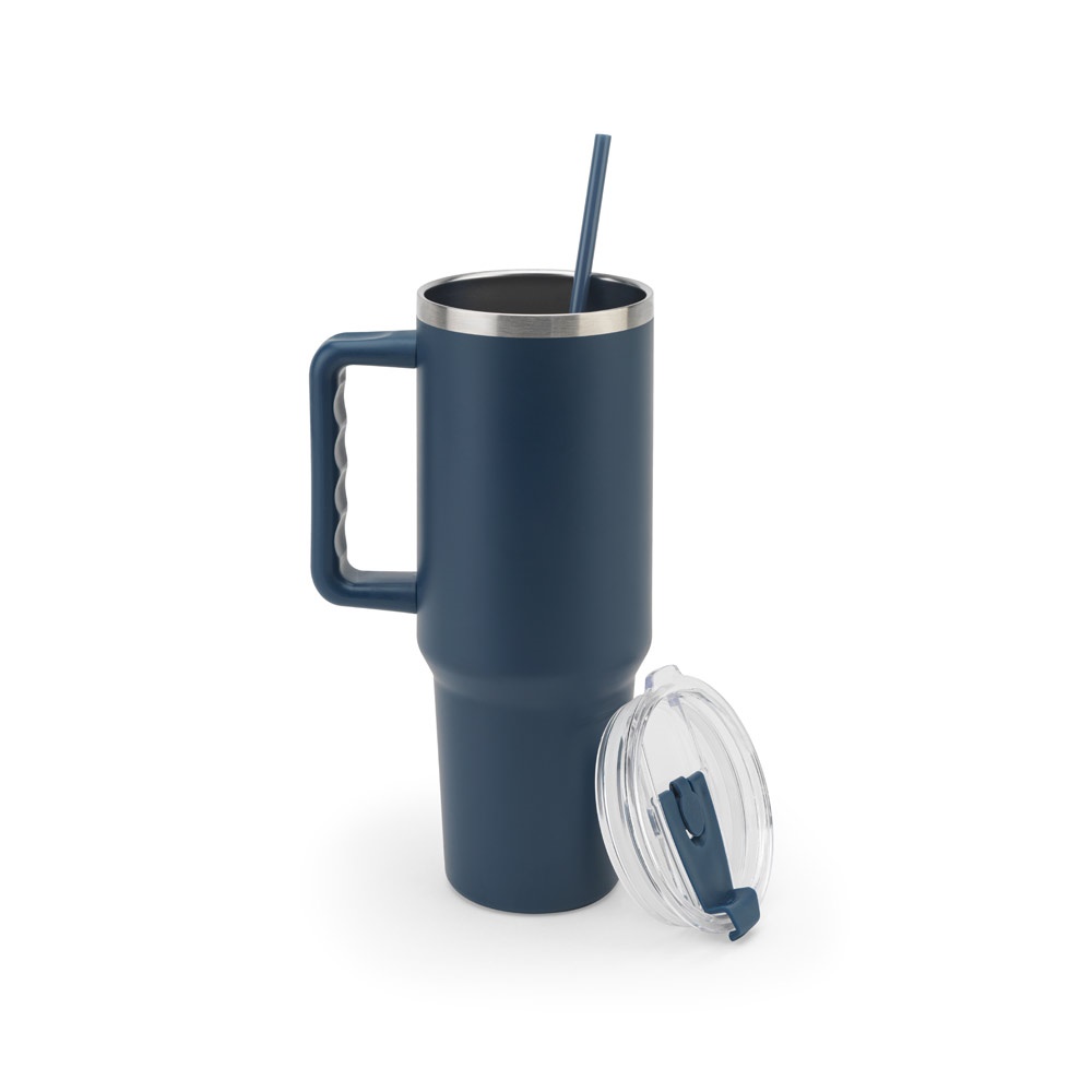 JOYNER XL. Vaso de viaje grande de acero inoxidable (91 % reciclado) con aislamiento al vacío de doble pared y acabado mate de 1300 ml