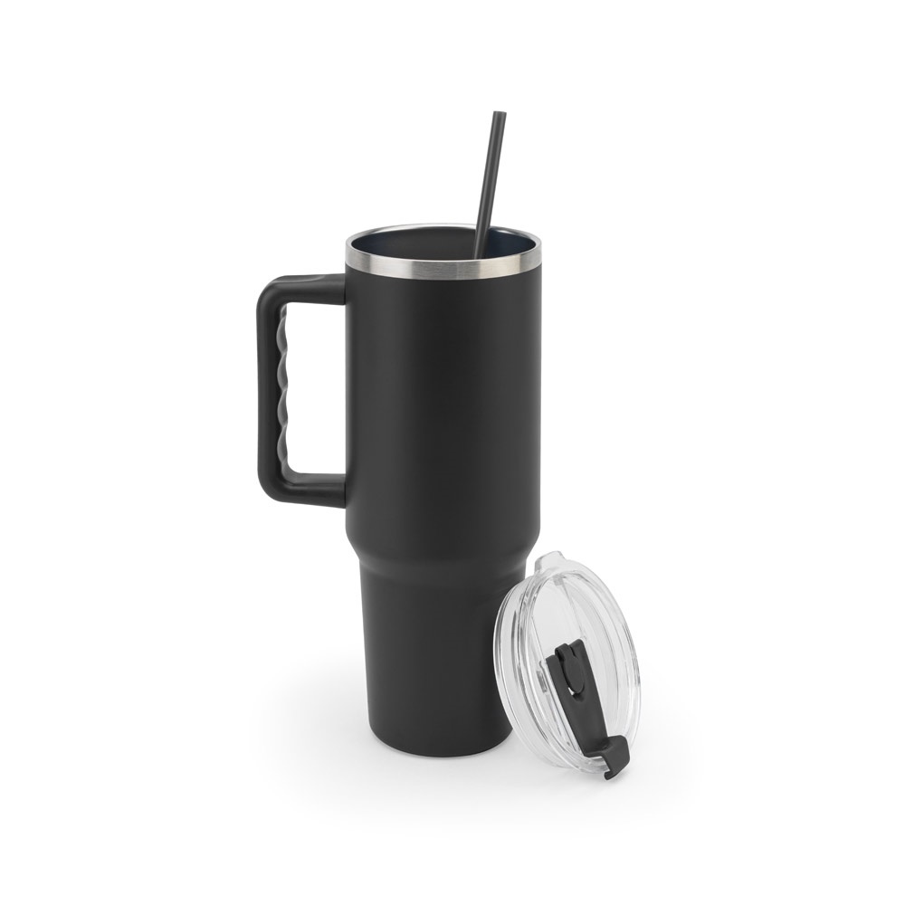 JOYNER XL. Vaso de viaje grande de acero inoxidable (91 % reciclado) con aislamiento al vacío de doble pared y acabado mate de 1300 ml