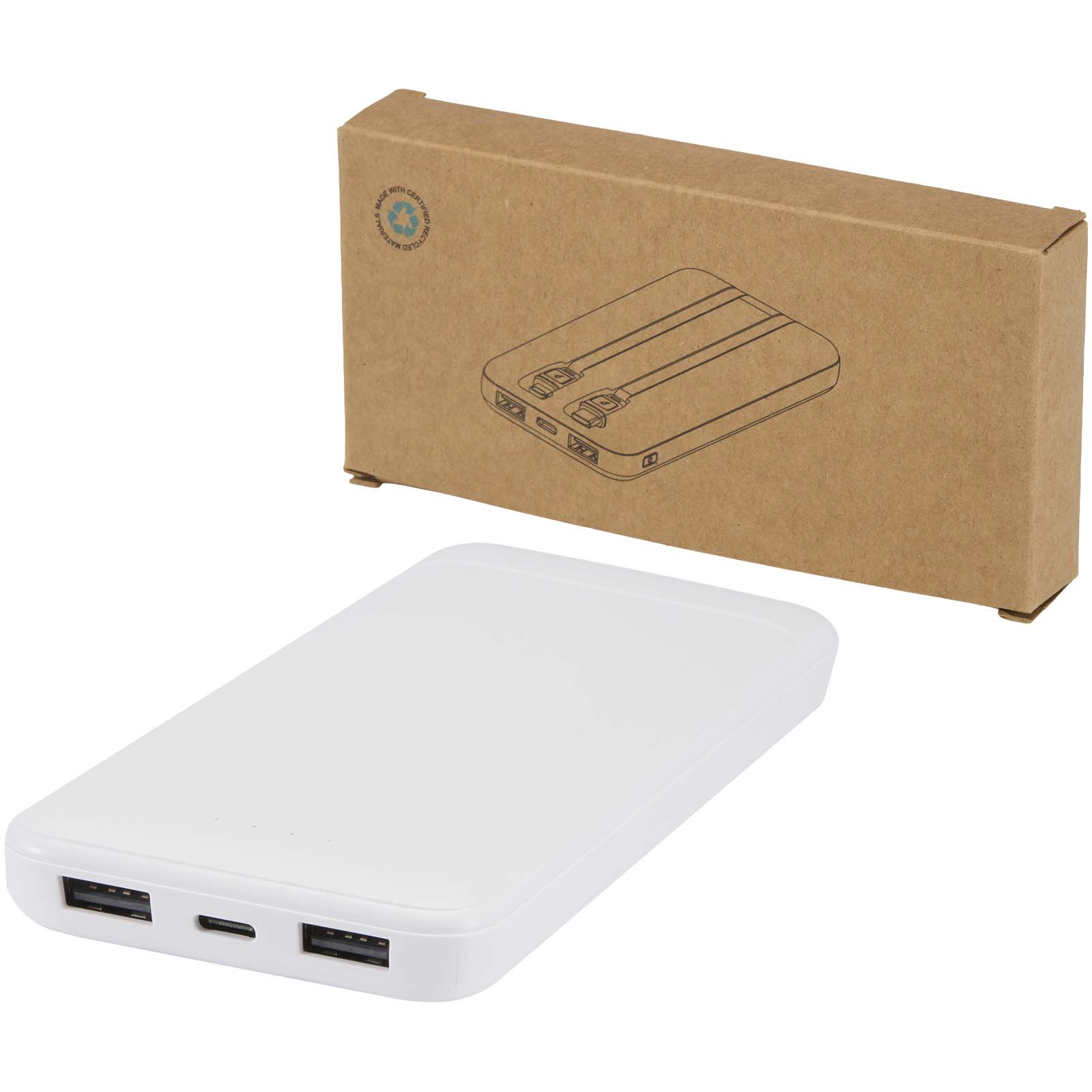 Batería externa de plástico reciclado de 10 000 mAh y 10 W con 2 cables integrados Adhil