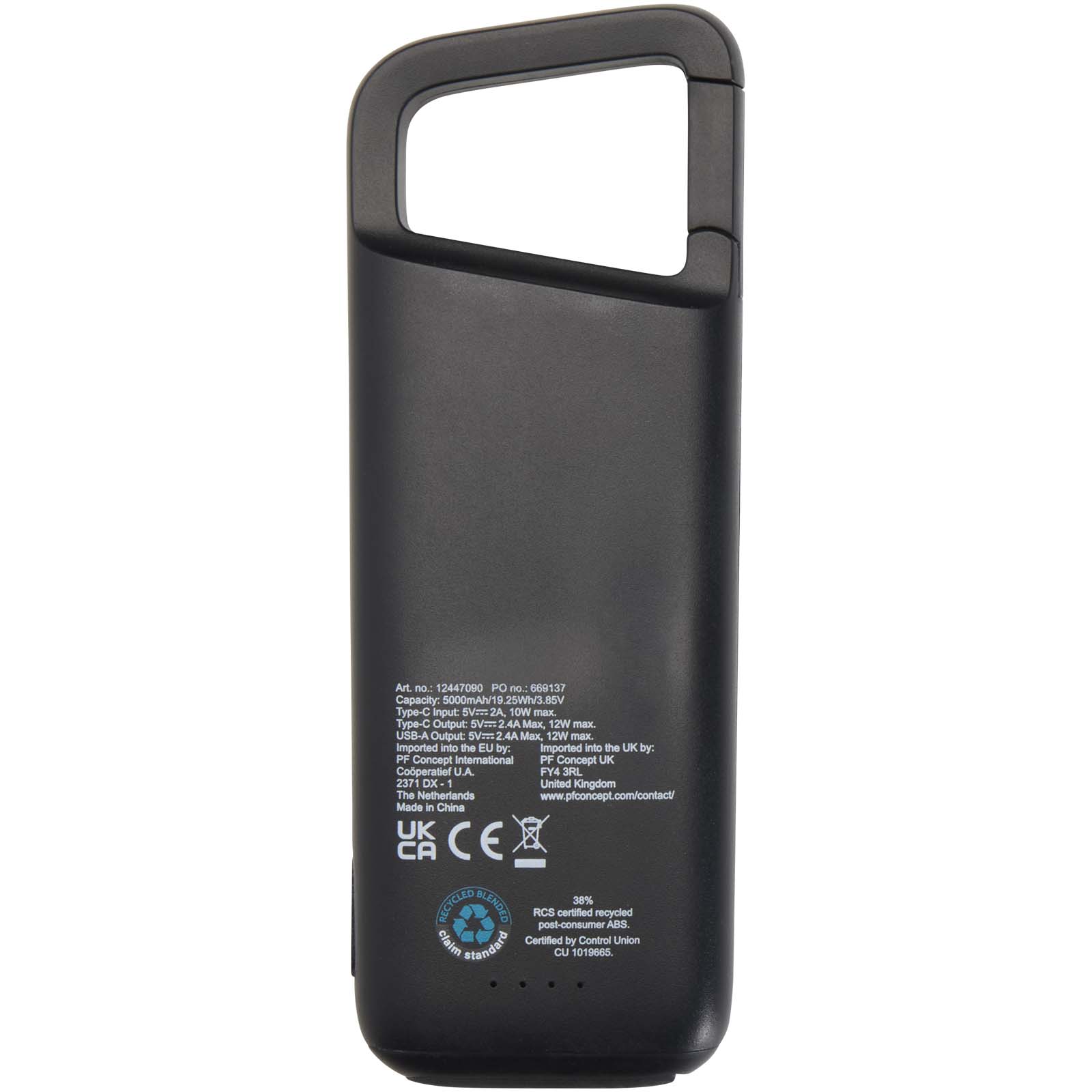 Batería externa de 5000 mAh y 12 W de plástico reciclado resistente al agua con mosquetón Alkes