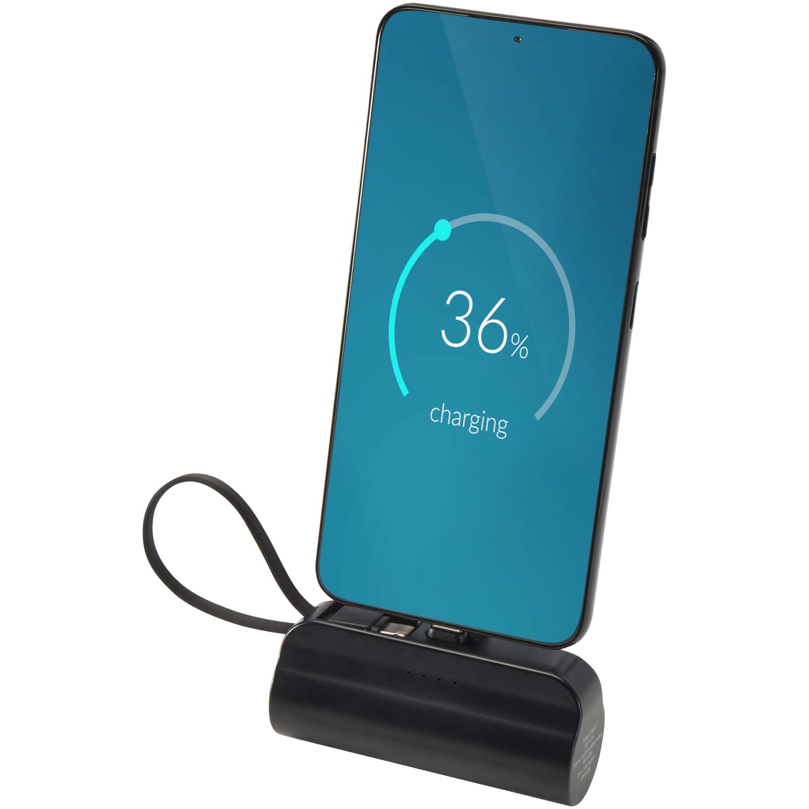 Batería externa tipo-C de plástico reciclado de 5000 mAh y 10 W con soporte abatible incorporado y cable 2 en 1 Alnair