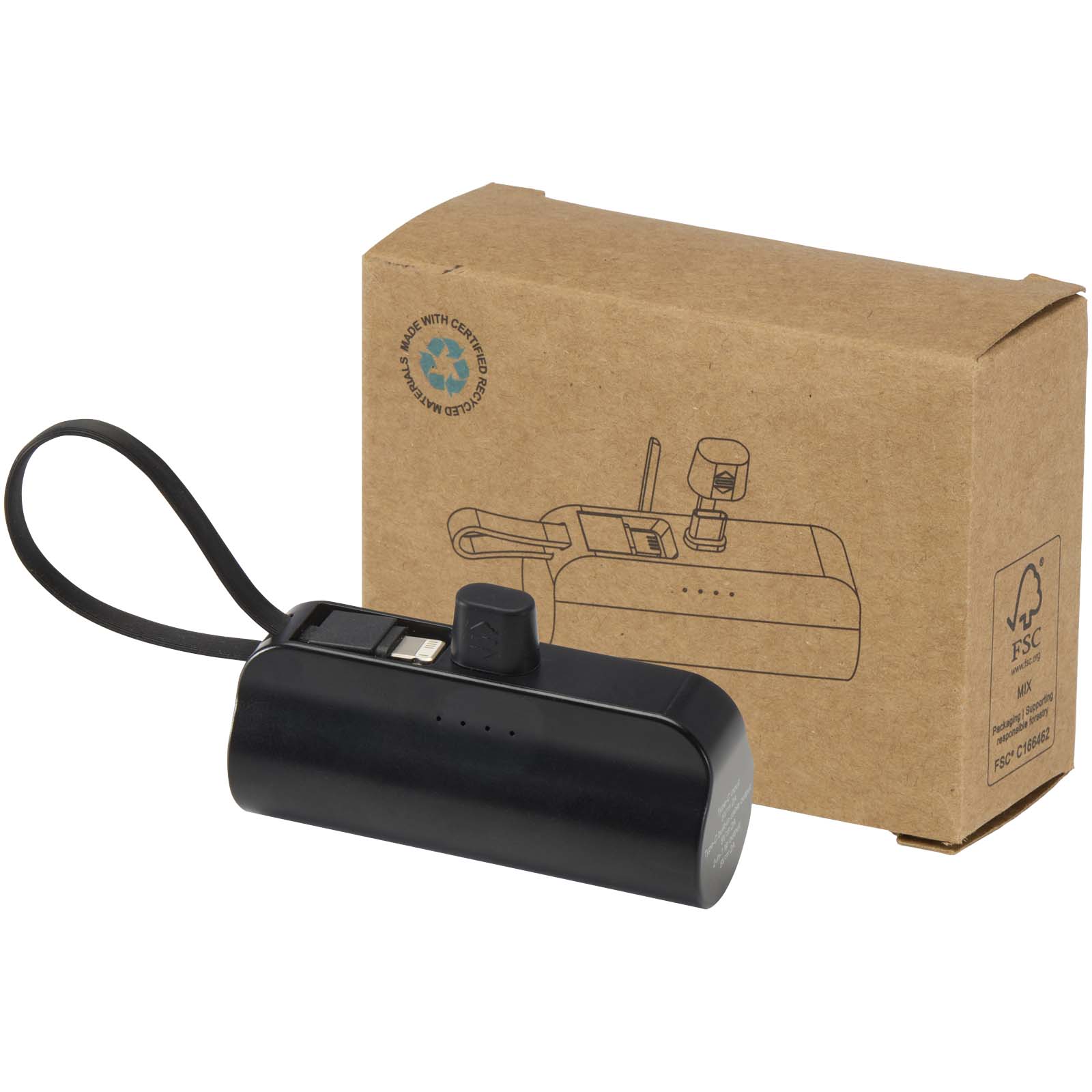 Batería externa tipo-C de plástico reciclado de 5000 mAh y 10 W con soporte abatible incorporado y cable 2 en 1 Alnair