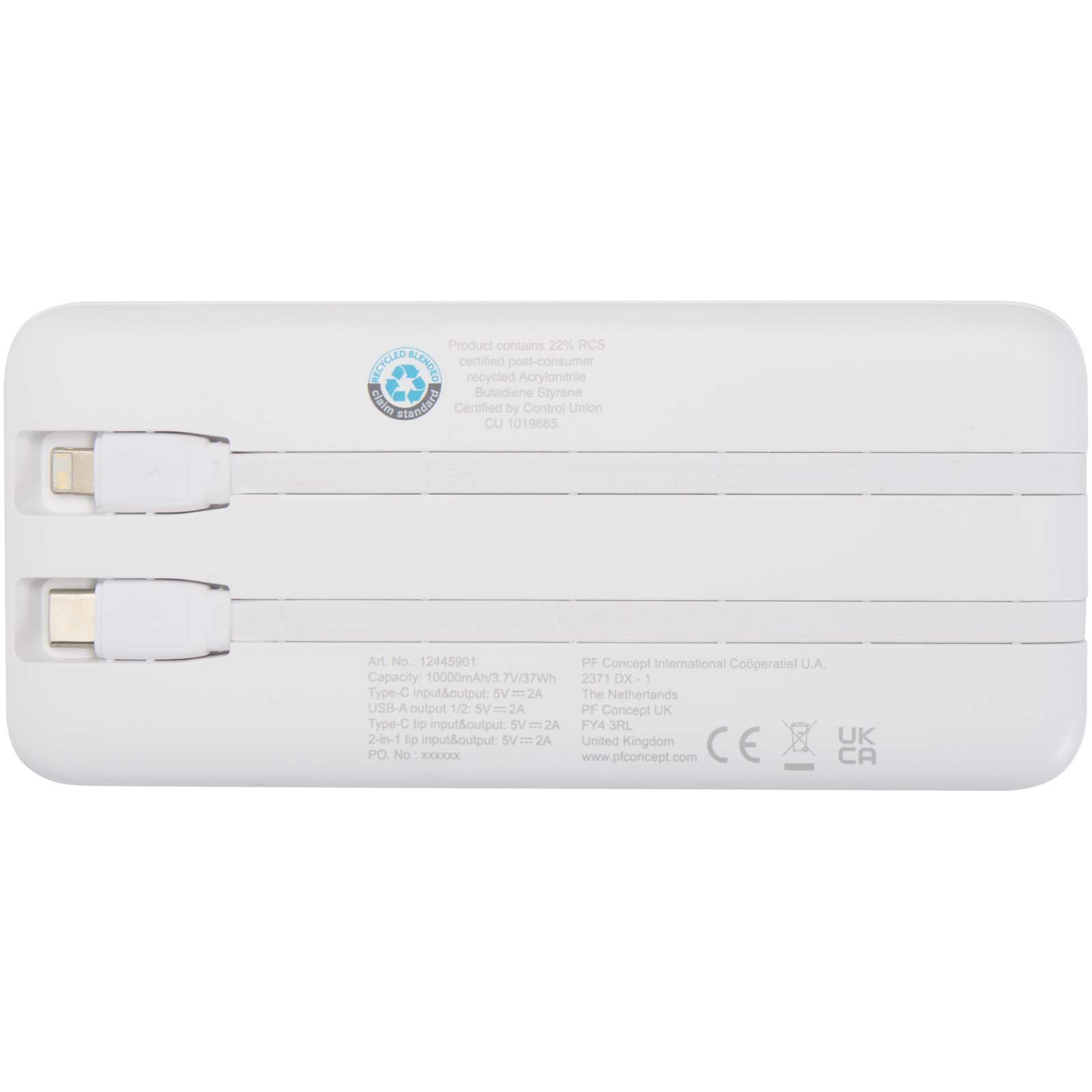 Batería externa de plástico reciclado de 10 000 mAh y 10 W con 2 cables integrados Adhil