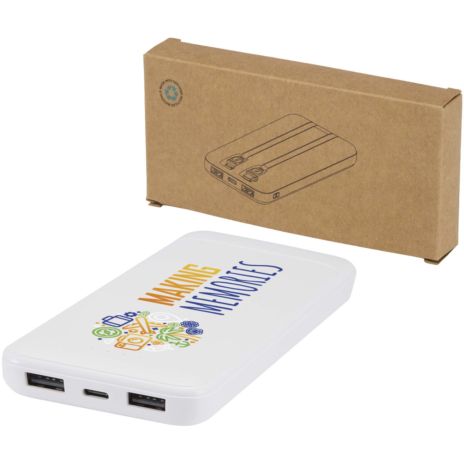 Batería externa de plástico reciclado de 10 000 mAh y 10 W con 2 cables integrados Adhil