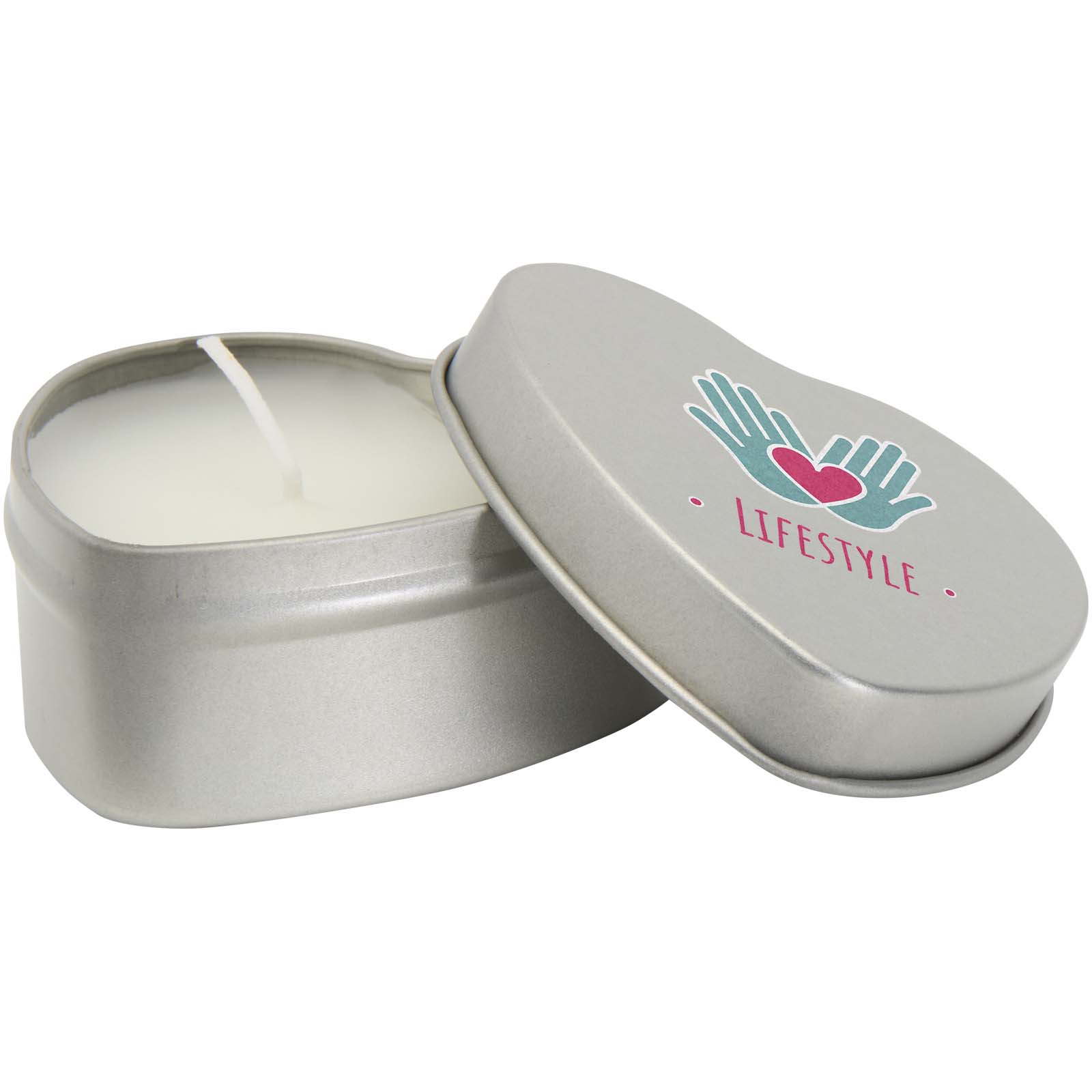 Vela con forma de corazón y aroma de vainilla en caja metálica Blissful