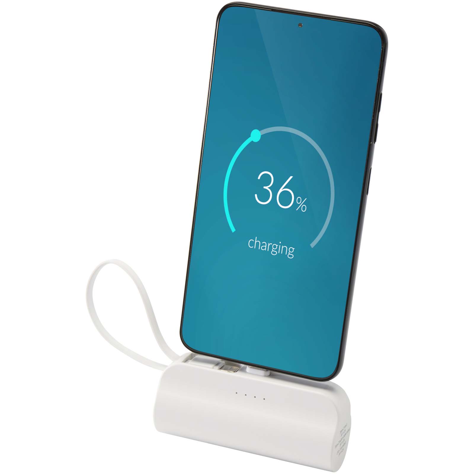 Batería externa tipo-C de plástico reciclado de 5000 mAh y 10 W con soporte abatible incorporado y cable 2 en 1 Alnair