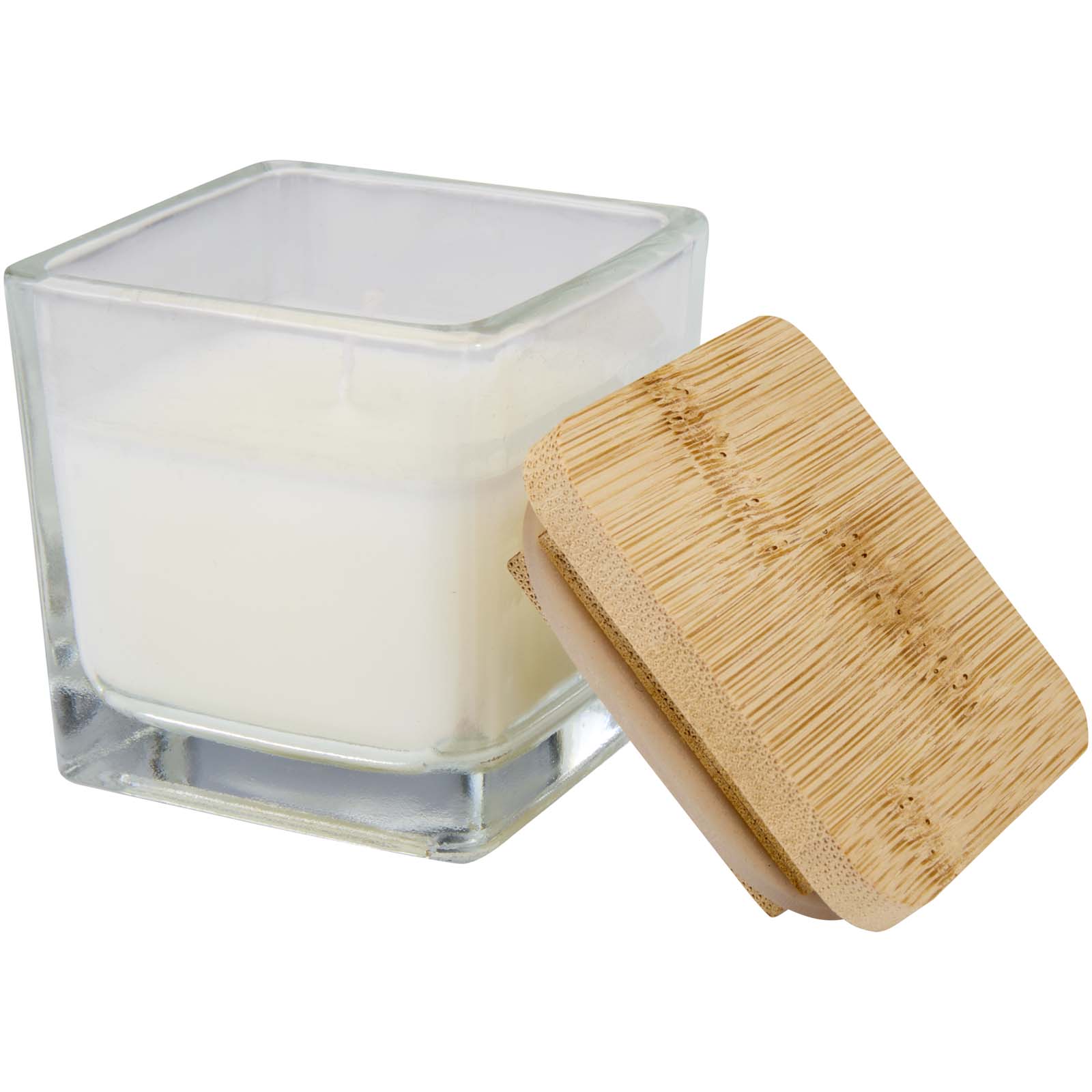 Vela cuadrada en soporte de vidrio con tapa de bambú Ambra