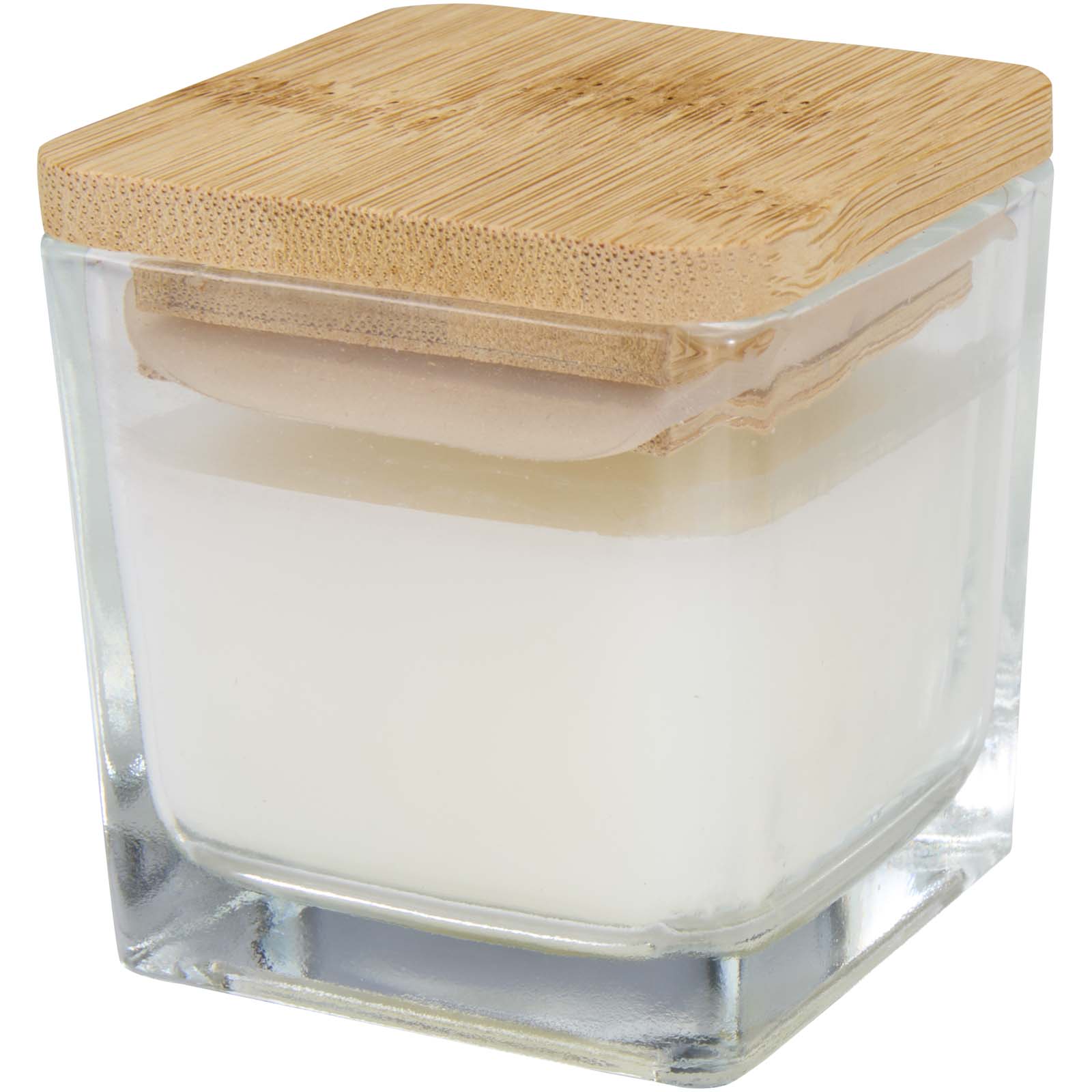 Vela cuadrada en soporte de vidrio con tapa de bambú Ambra