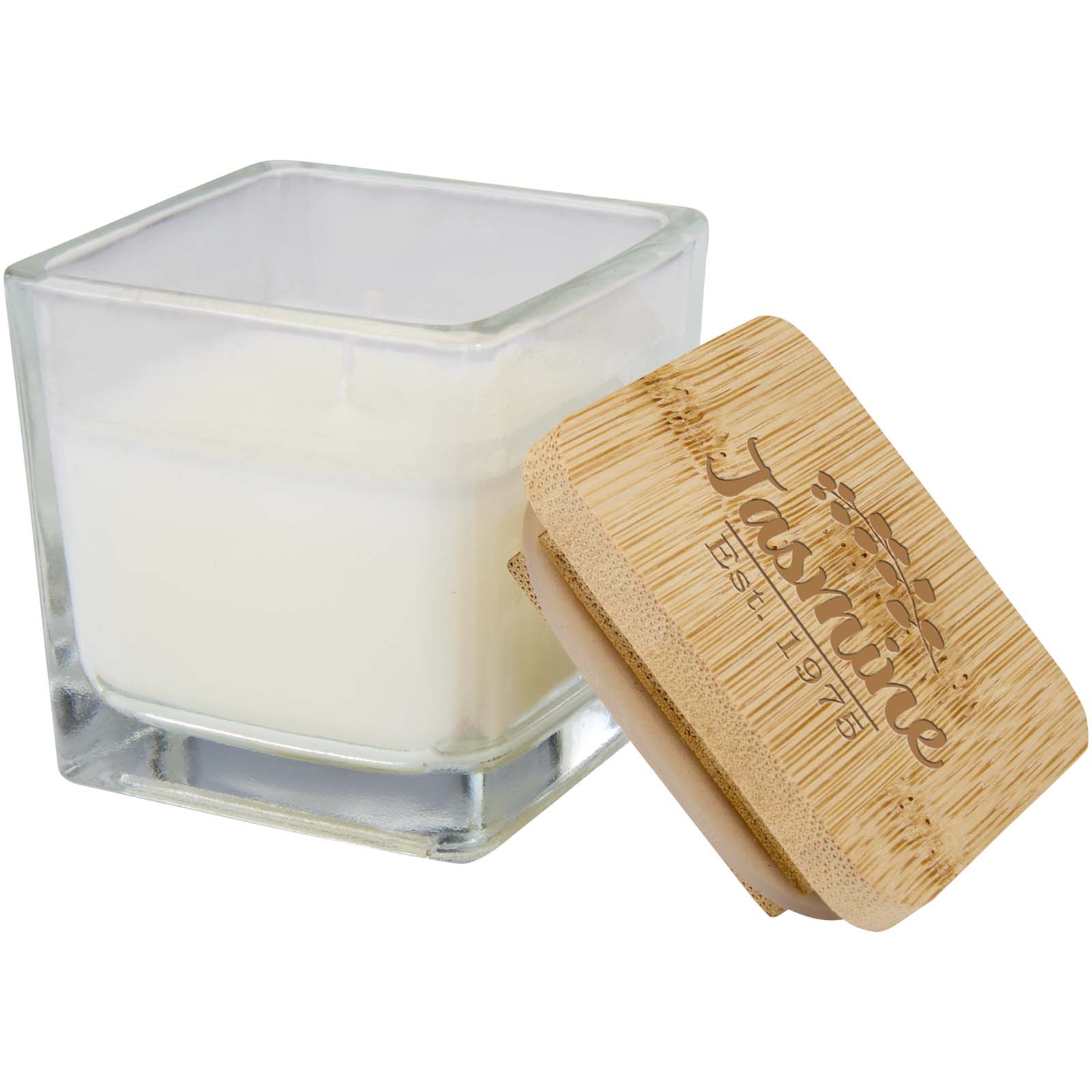 Vela cuadrada en soporte de vidrio con tapa de bambú Ambra