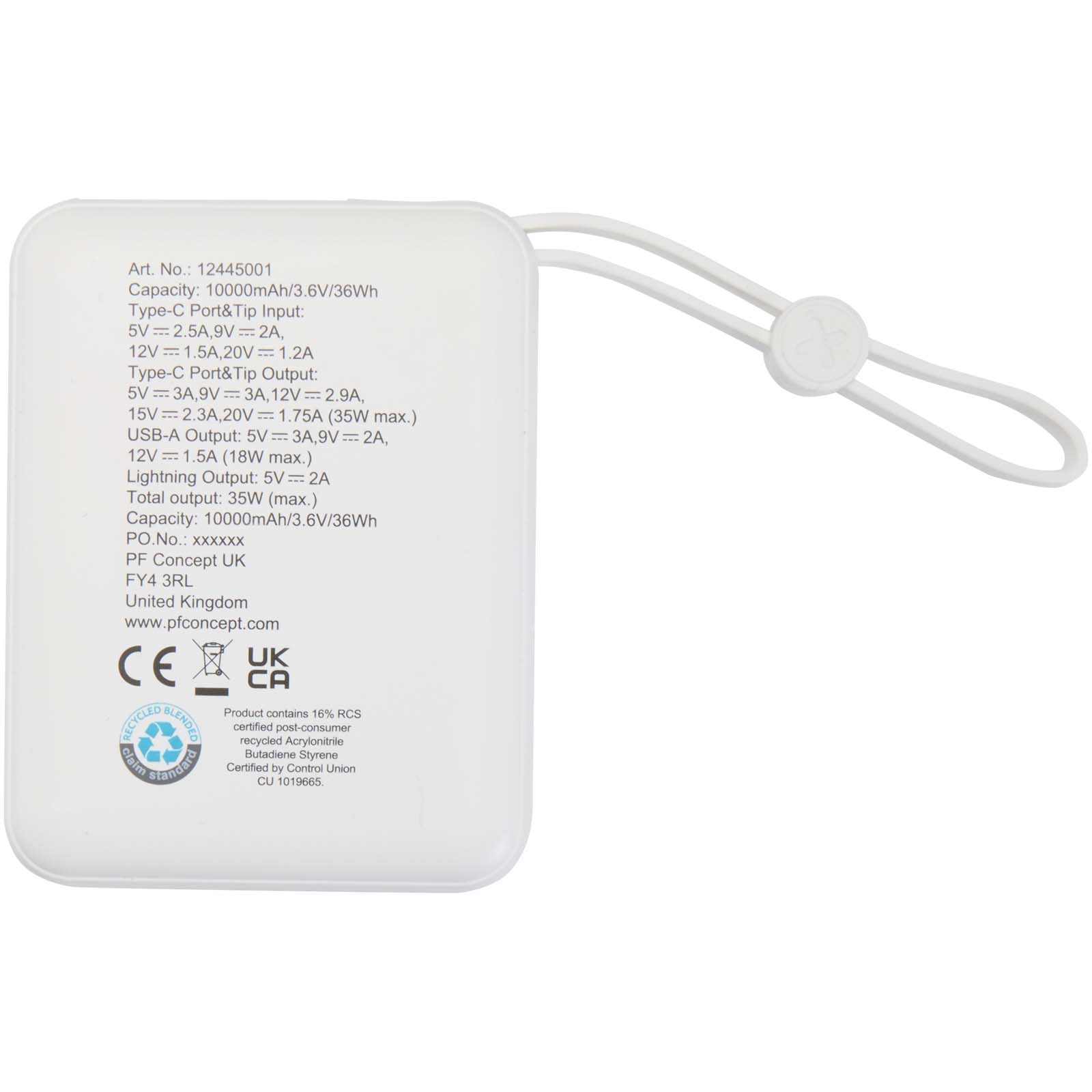 Batería externa para tableta de 10 000 mAh y 35 W con cable tipo C integrado y fabricada con plástico reciclado Acrux