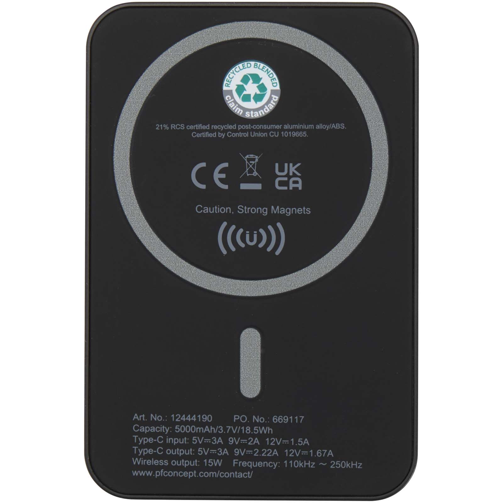Batería externa inalámbrica magnética de 5000 mAh y 15 W con PD de 20 W fabricada con plástico reciclado Acrab