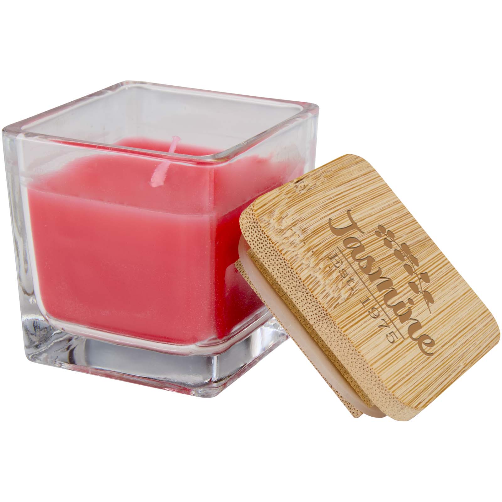 Vela cuadrada en soporte de vidrio con tapa de bambú Ambra