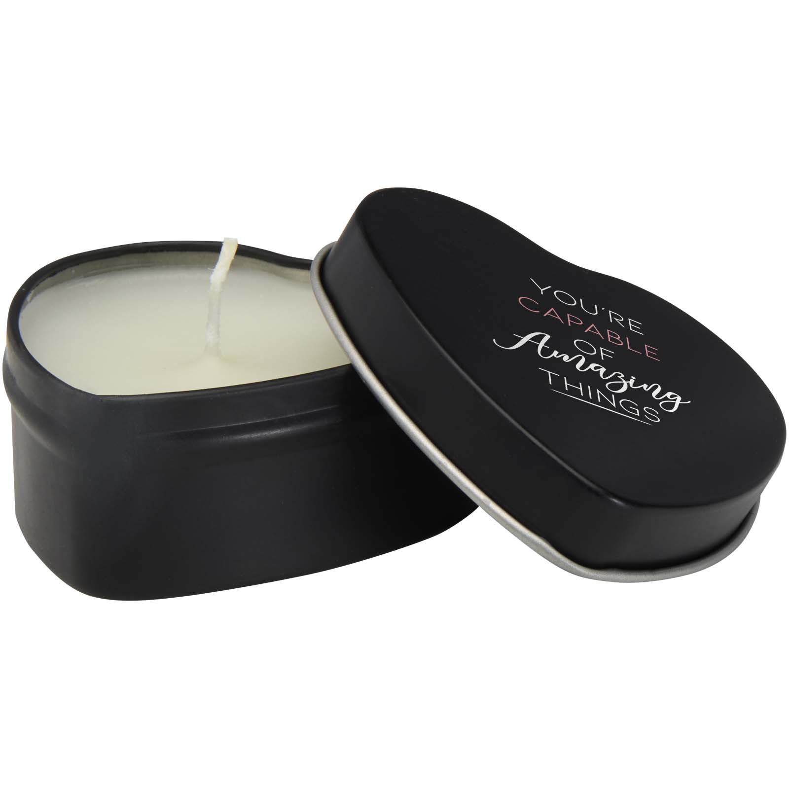 Vela con forma de corazón y aroma de vainilla en caja metálica Blissful