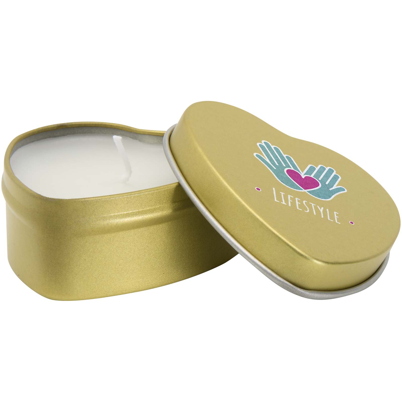 Vela con forma de corazón y aroma de vainilla en caja metálica Blissful