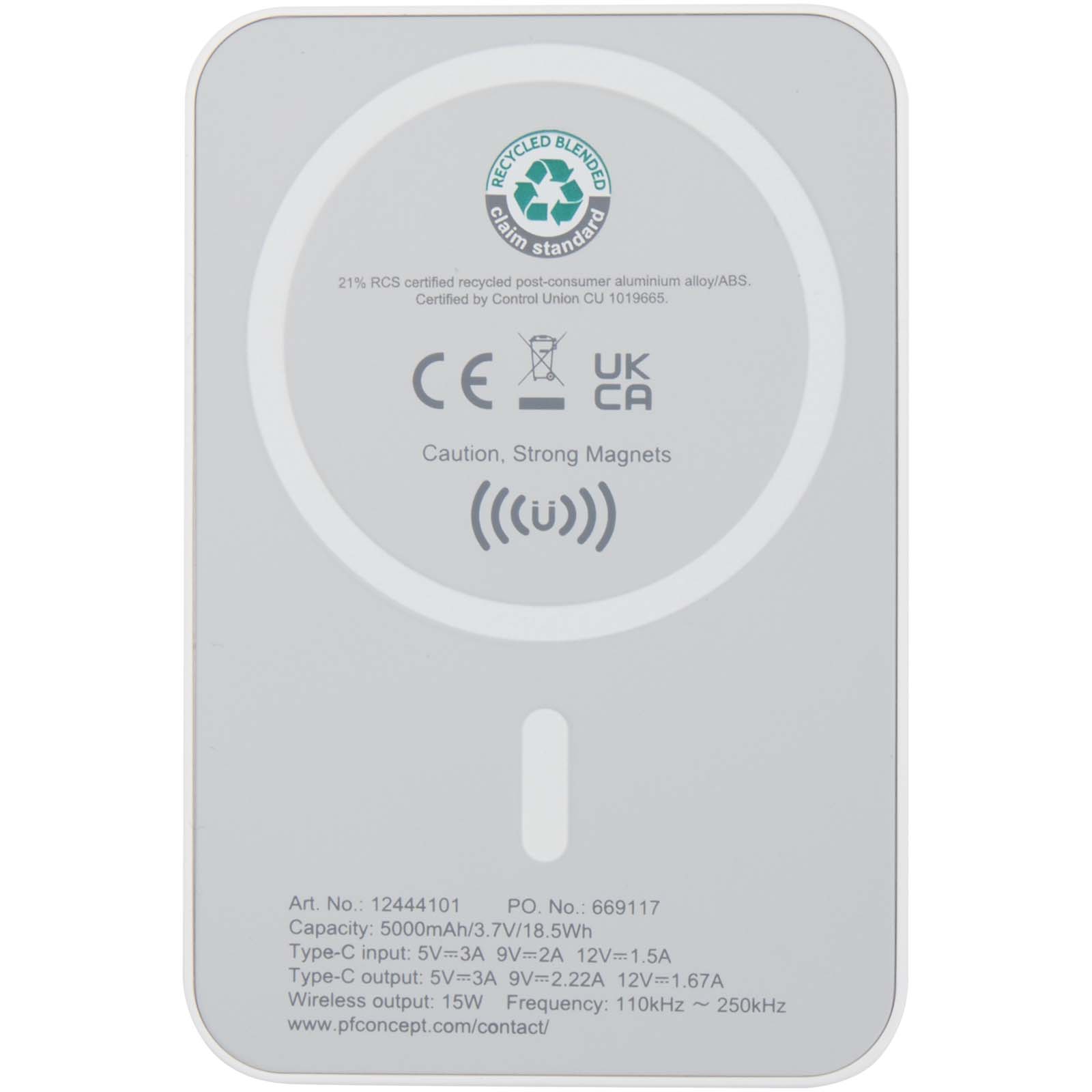Batería externa inalámbrica magnética de 5000 mAh y 15 W con PD de 20 W fabricada con plástico reciclado Acrab