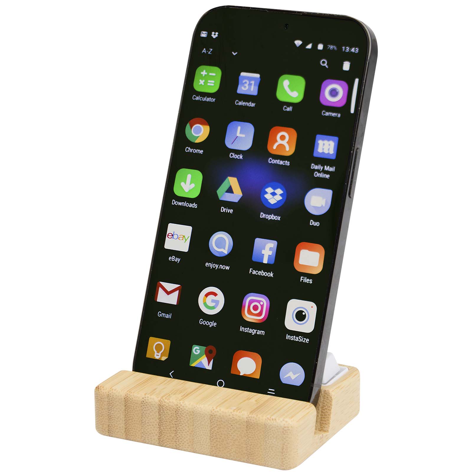 Soporte para teléfono de plástico reciclado con juguete y detalles de bambú Algol