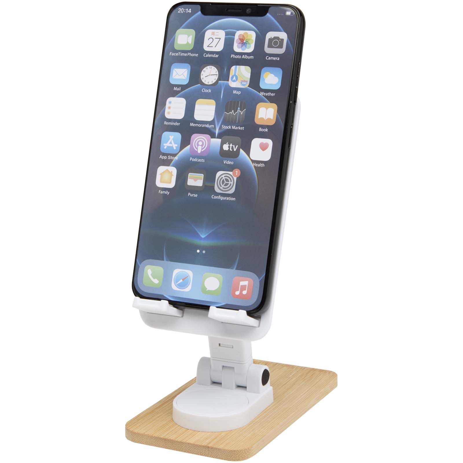 Soporte para teléfono de sobremesa plegable de plástico reciclado con detalles de bambú Alfirk