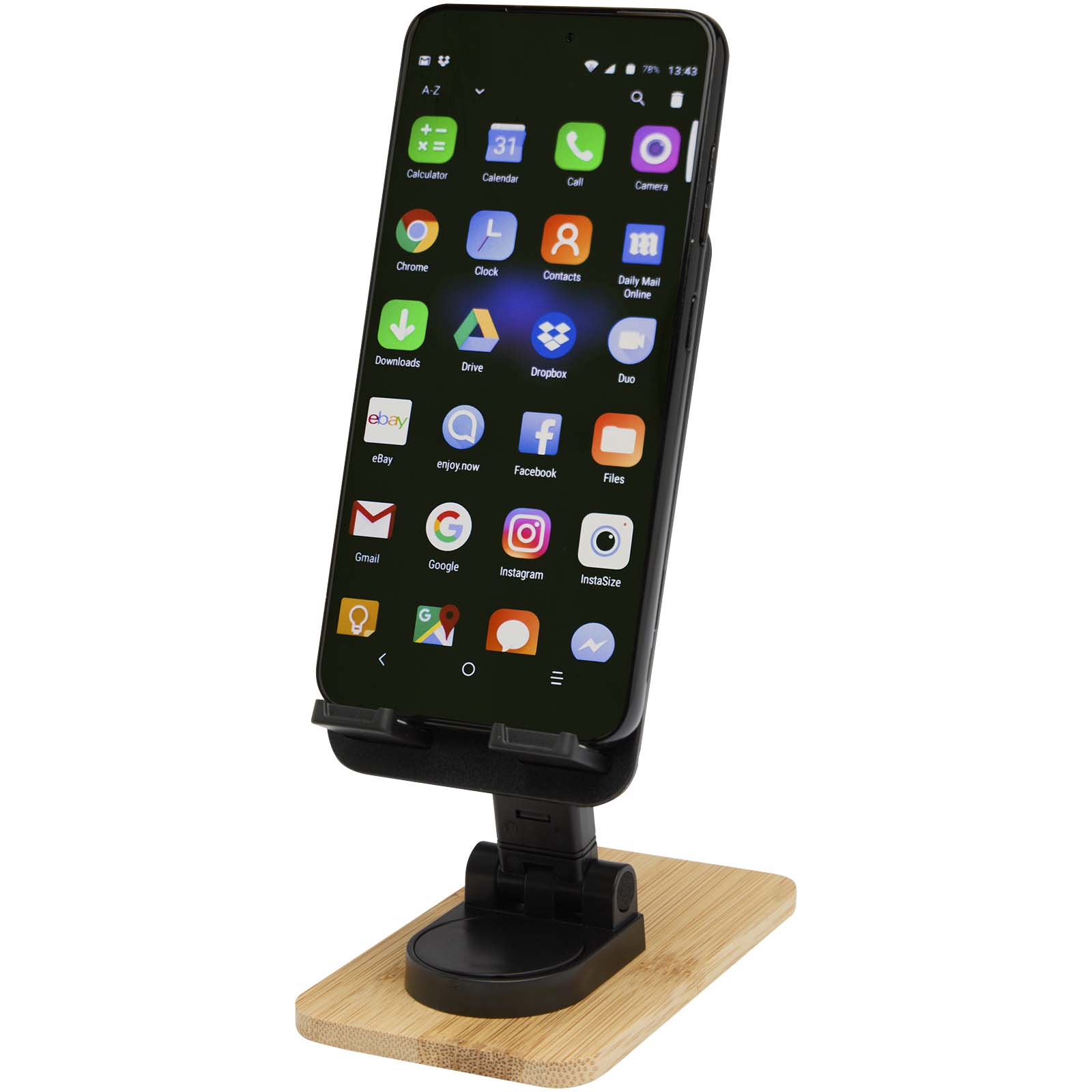 Soporte para teléfono de sobremesa plegable de plástico reciclado con detalles de bambú Alfirk