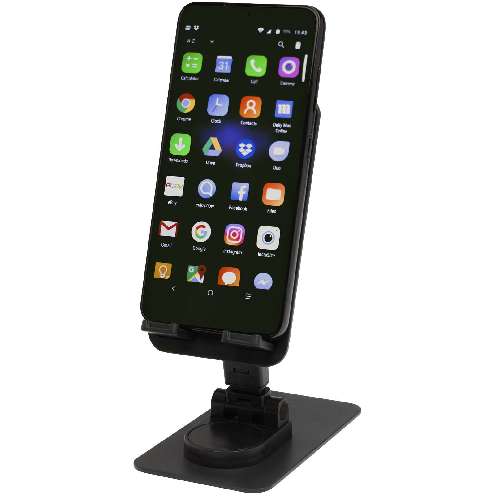 Soporte para teléfono plegable de plástico reciclado con soporte metálico para escritorio Alhena