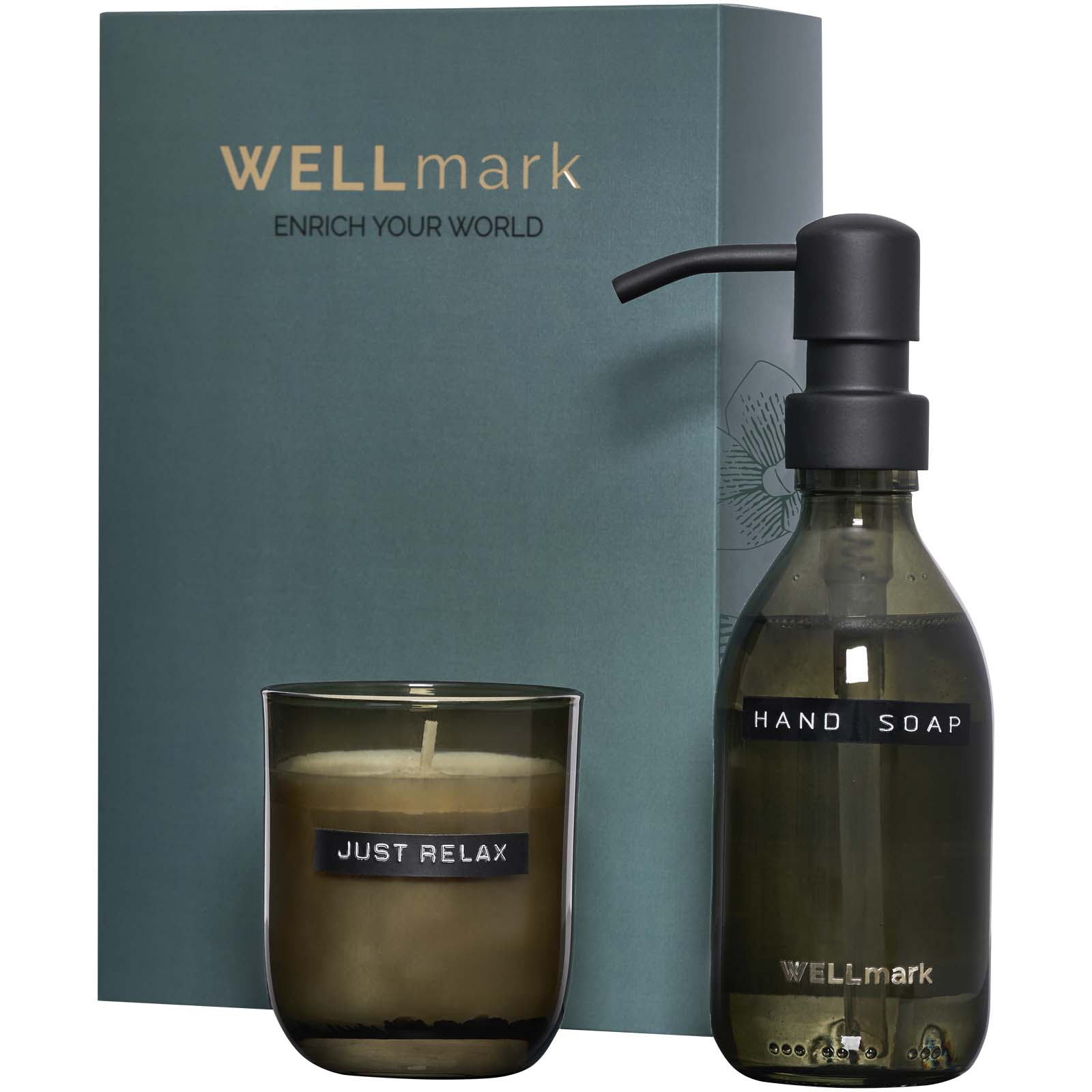 Dispensador de jabón de manos de 250 ml y juego de velas aromáticas de 150 g con fragancia de lino fresco Wellmark Discovery