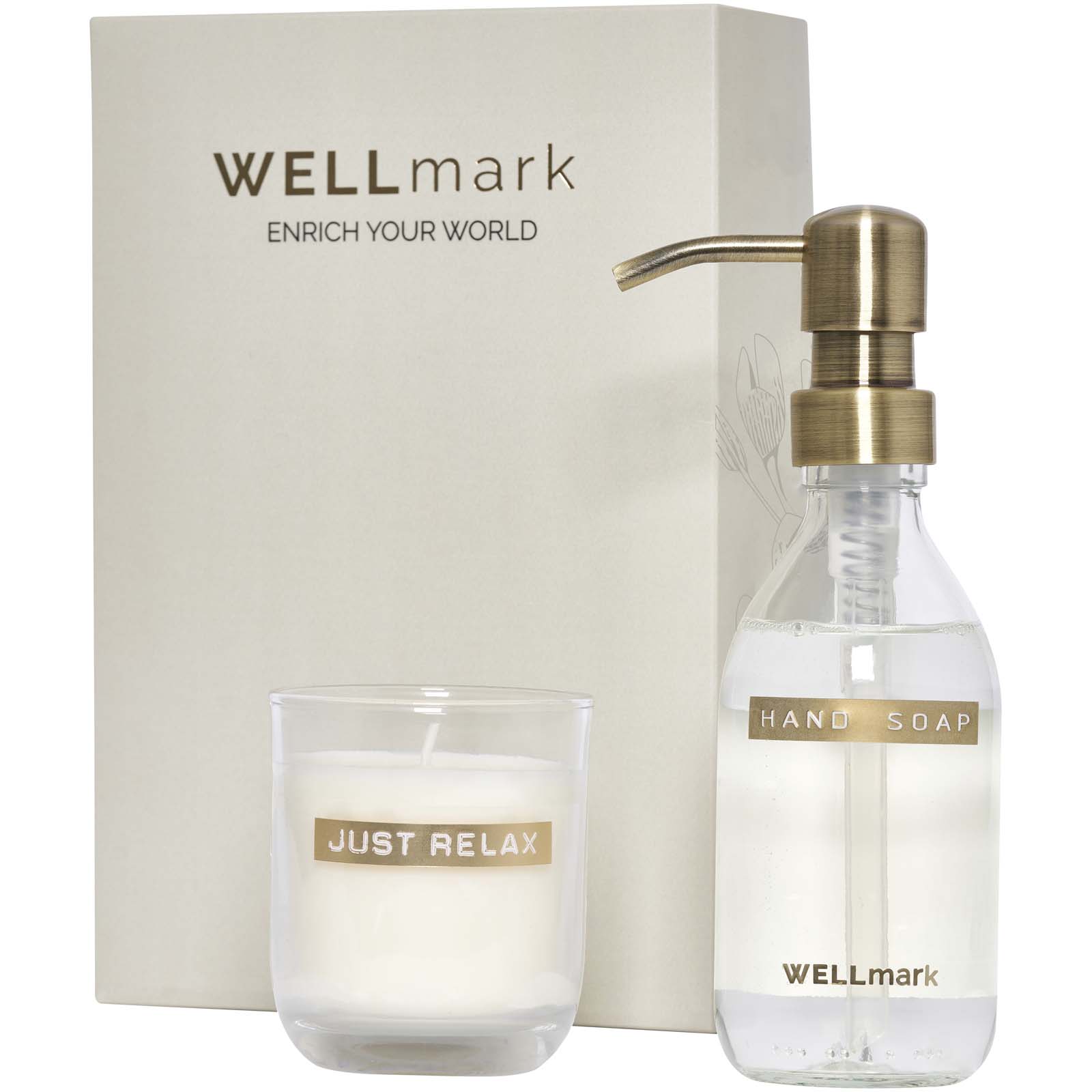 Dispensador de jabón de manos de 250 ml y juego de velas aromáticas de 150 g con fragancia de lino fresco Wellmark Discovery