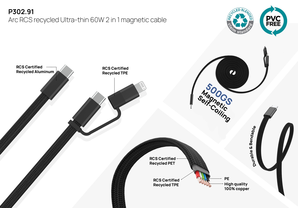 Arc RCS recycled Ultra-thin 60W 2 in 1 magnetic cable