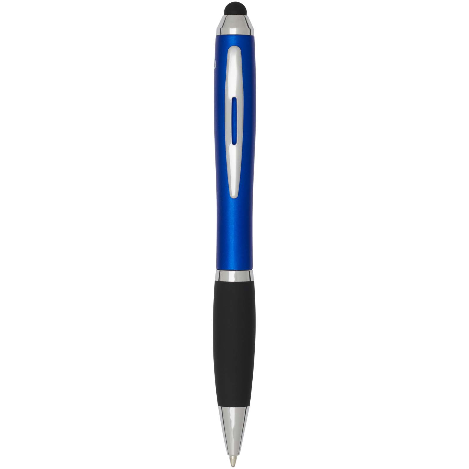 Bolígrafo de plástico reciclado con certificado RCS, stylus, cuerpo de color y empuñadura negra (tinta azul) Nash