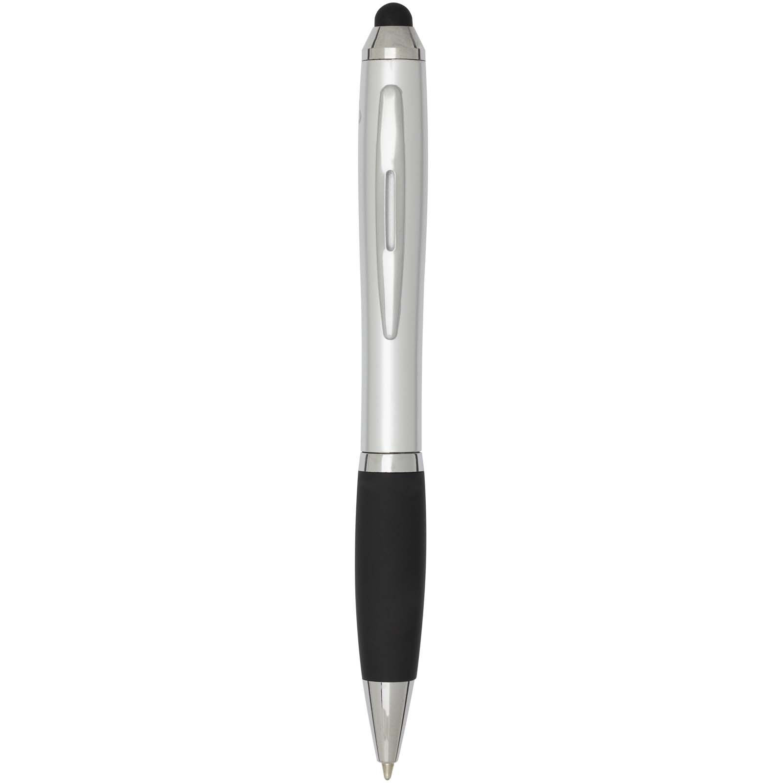 Bolígrafo de plástico reciclado con certificado RCS, stylus, cuerpo de color y empuñadura negra (tinta azul) Nash