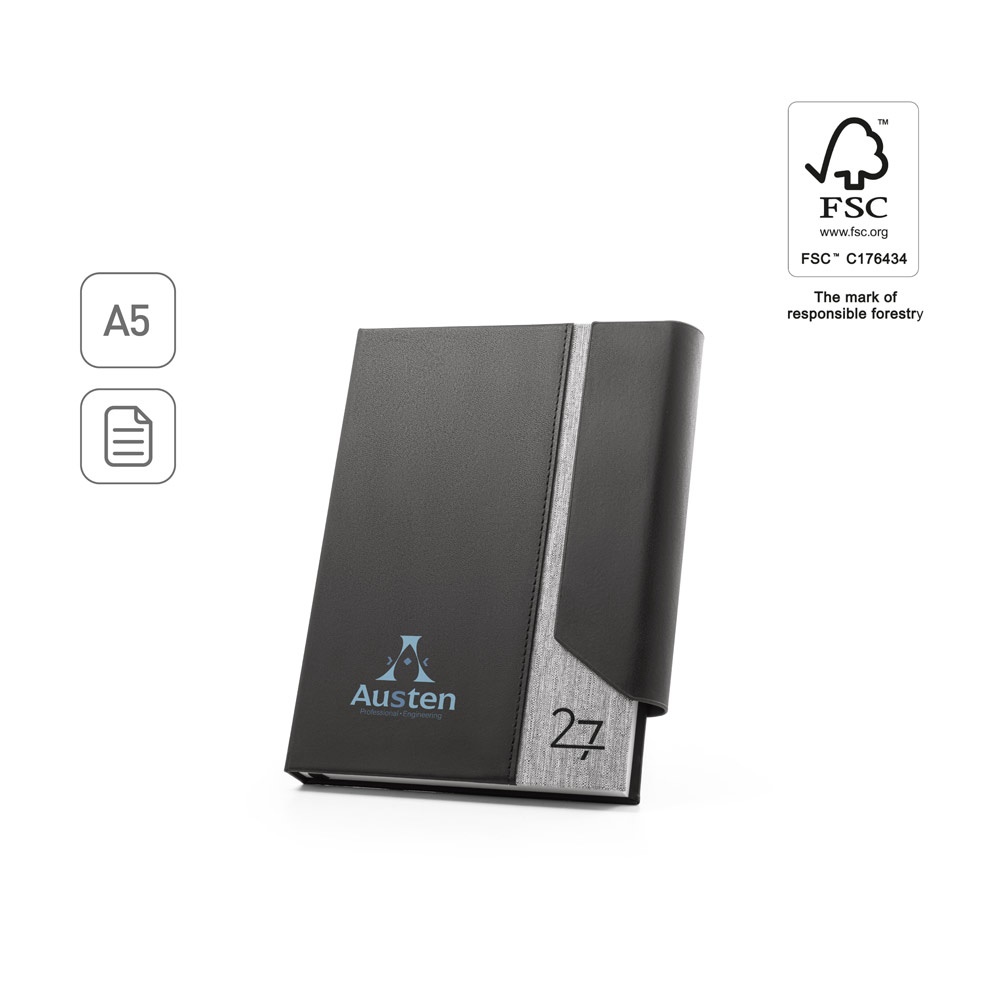 AUSTEN A5. Agenda A5 en PU (58% reciclado) y poliéster reciclado (100% rPET) 300D