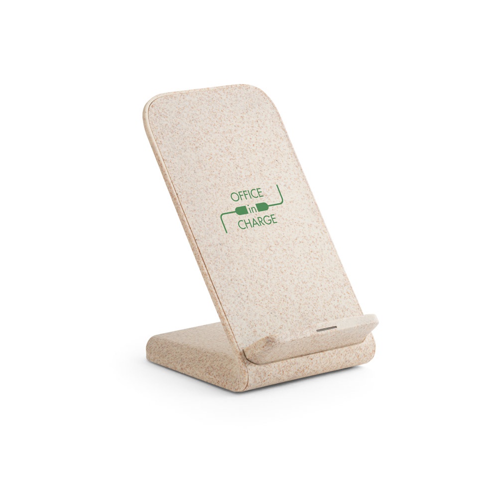 ENGLERT. Soporte para smartphone con cargador inalámbrico, rápido, de 10 W en ABS reciclado (70% rABS) y fibra de paja de trigo
