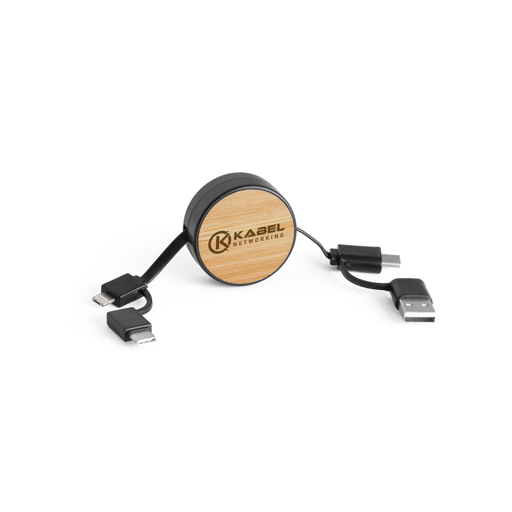 RUBINS. Cable USB retráctil 6 en 1 en ABS reciclado (100% rABS) y bambú