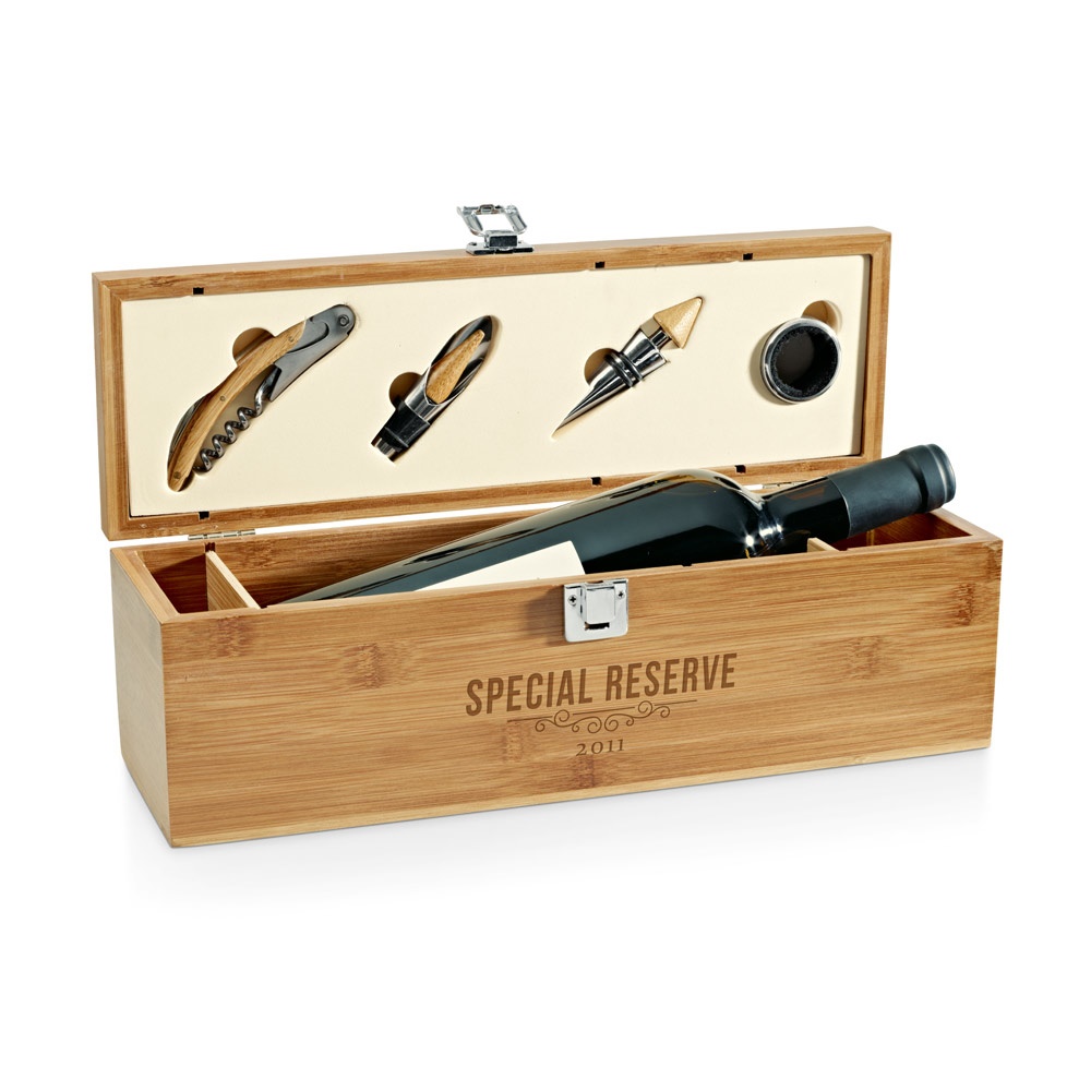 SYRAH. Set de vino suministrado en caja, fabricado en bambú, ABS y acero inoxidable