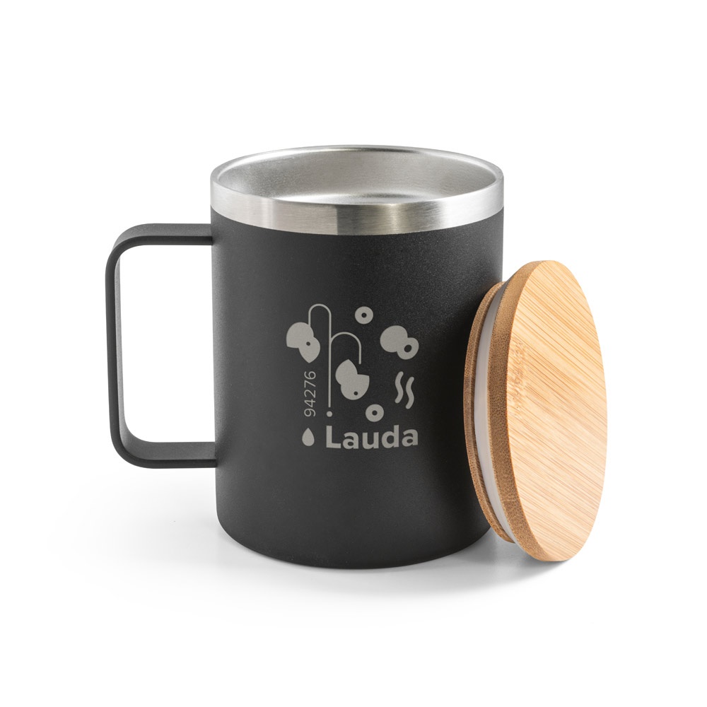 LAUDA. Taza de acero inoxidable 90% reciclado con tapa de bambú 420 mL