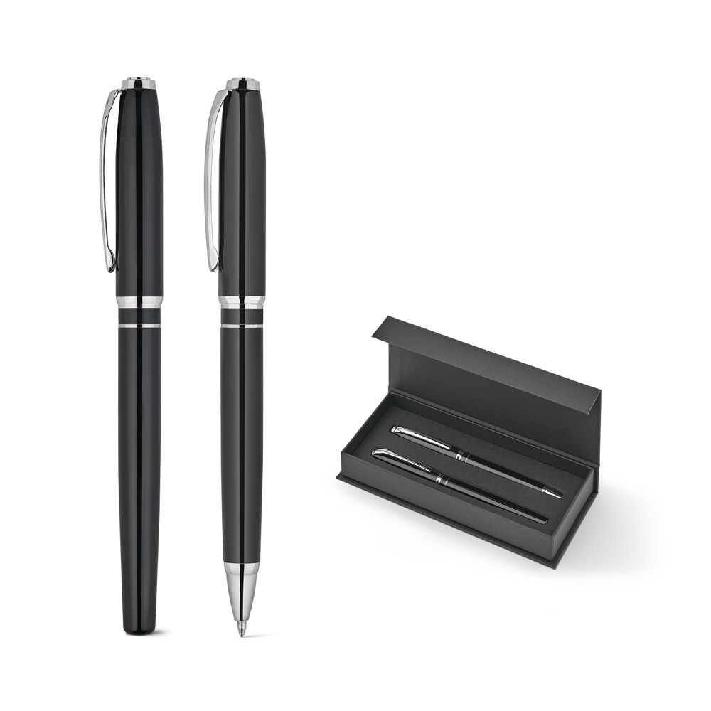SARAMAGO. Premium set comprising 1 ballpoint pen and 1 rollerball pen in copper and stainless steel, with blue ink