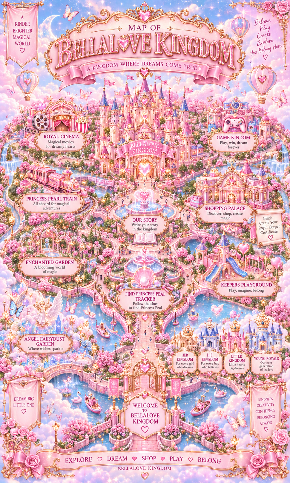 Illustrated map of Bella Love Kingdom with the Royal Cinema, Game Kingdom, Princess Pearl, gardens, palace and story worlds.