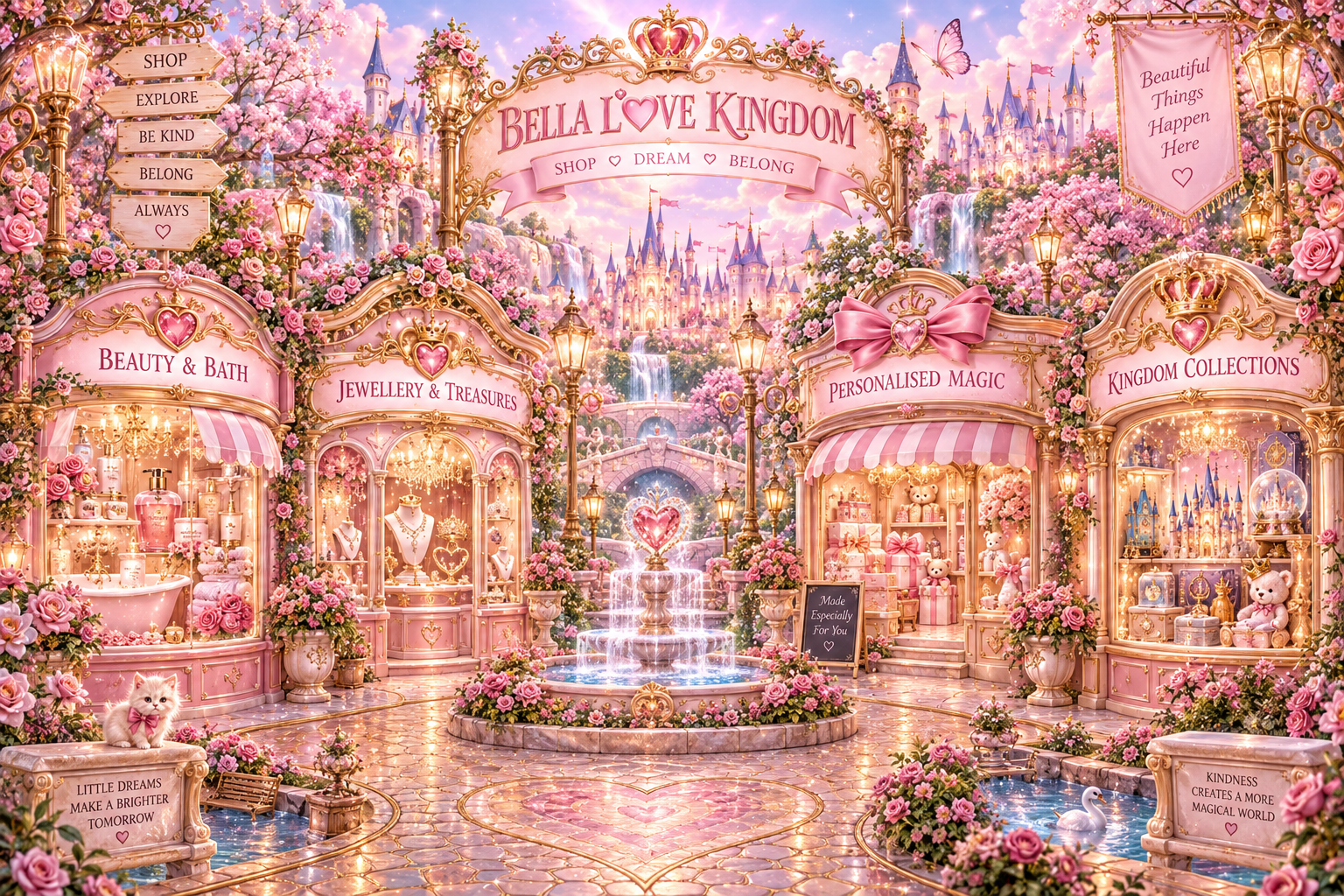 Bella Love Kingdom shopping street with Beauty and Bath, Jewellery and Treasures, Personalised Magic and Kingdom Collections.