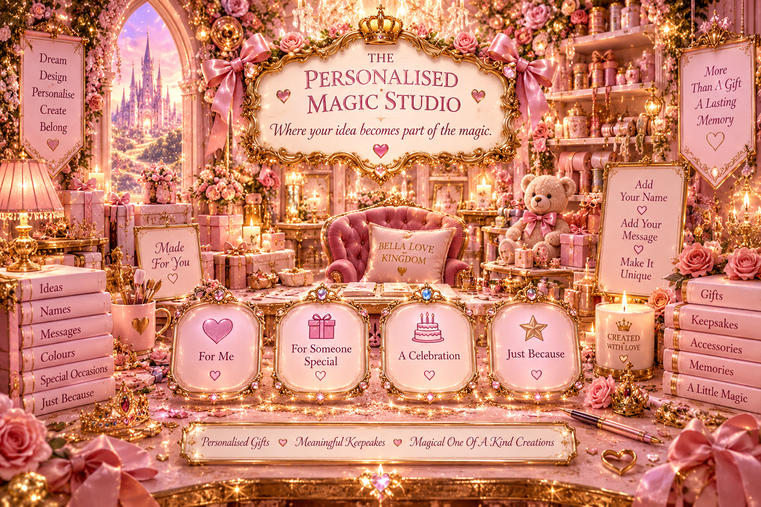 Bella Love Kingdom Personalised Magic Studio with four choices: For Me, For Someone Special, A Celebration and Just Because.