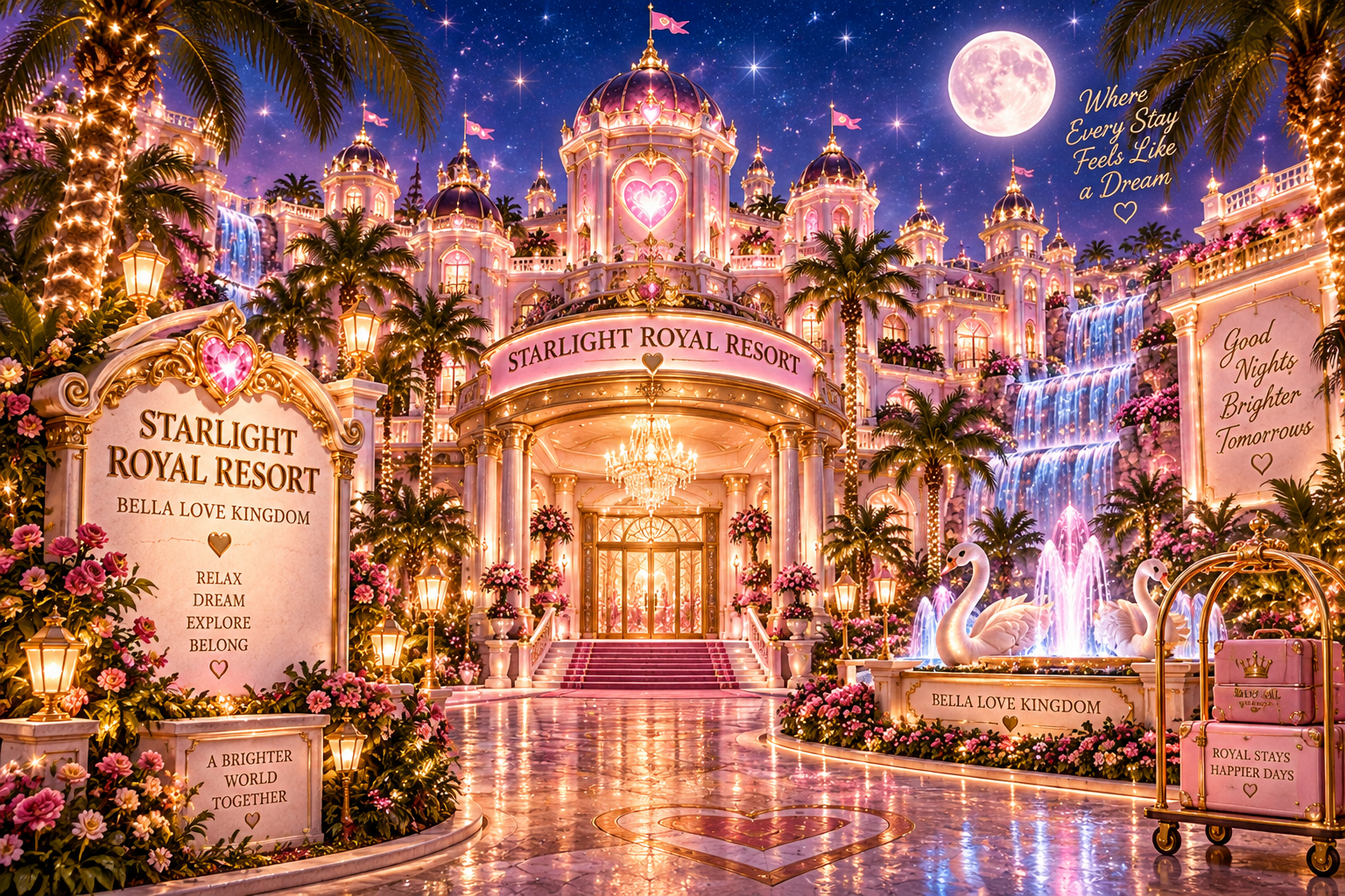 The magical nighttime entrance to Starlight Royal Resort