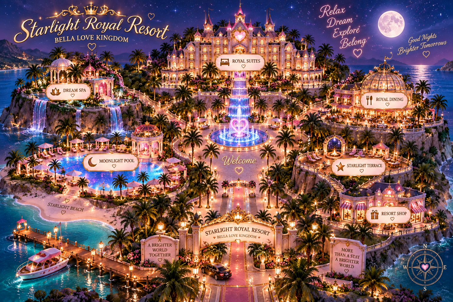 Miniature map of Starlight Royal Resort with Royal Suites, Dream Spa, Moonlight Pool, Royal Dining, Starlight Terrace, Resort Shop and Starlight Beach.