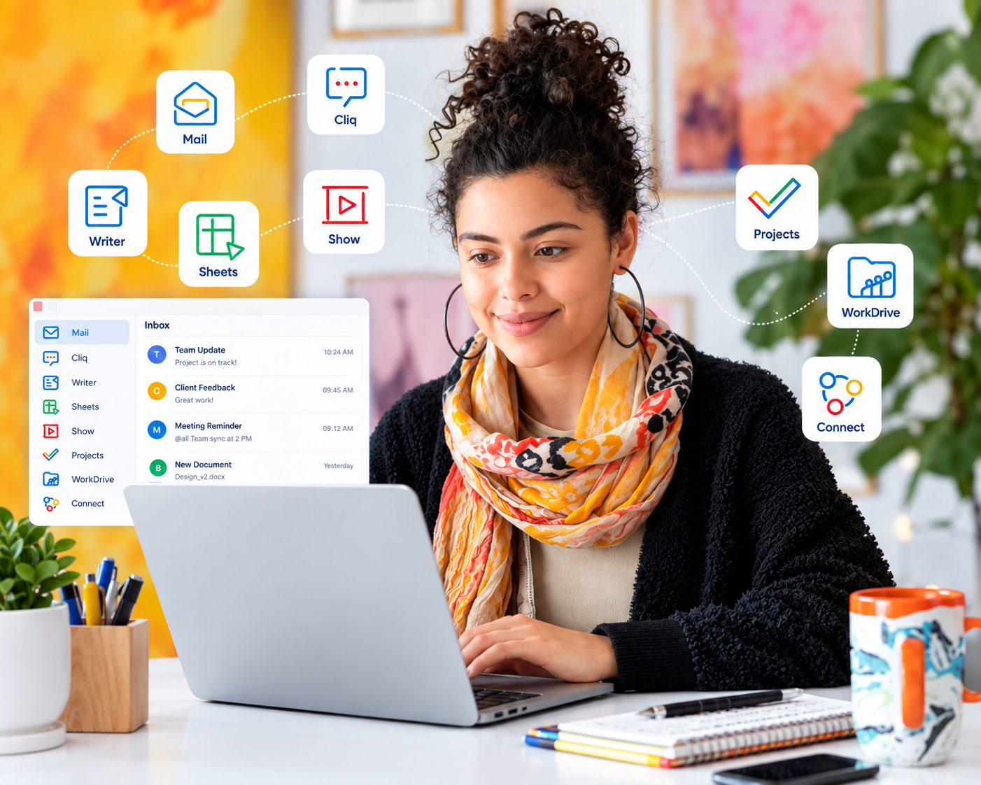 Smiling woman working at her desk with a laptop