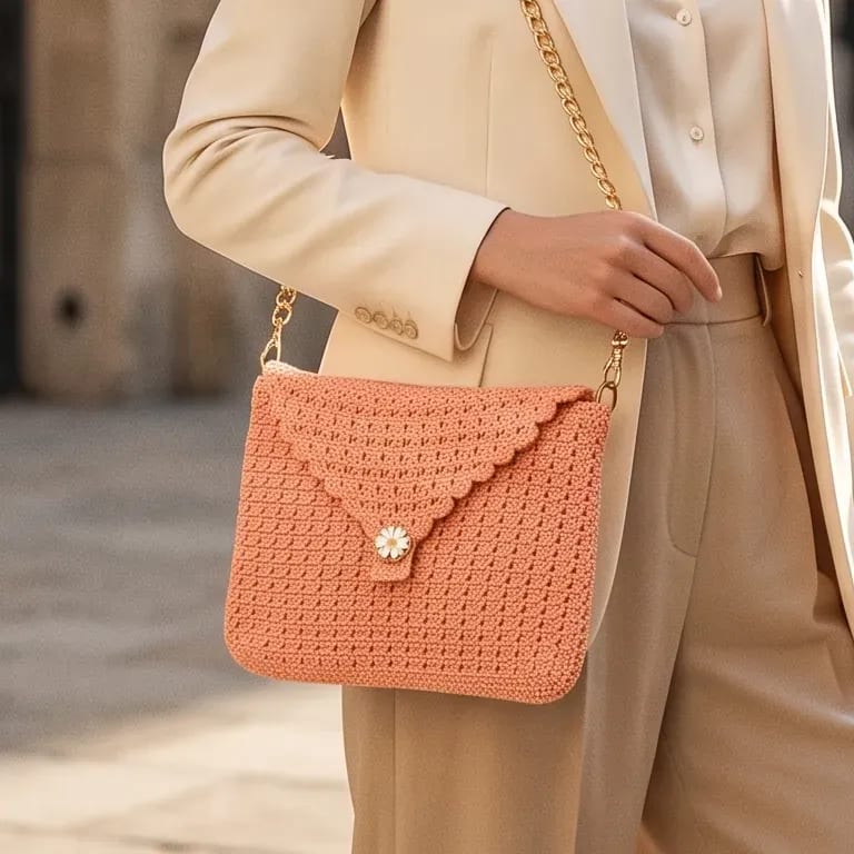 Bolsa Tiracolo em Crochê com Corrente Dourada 'aurora'