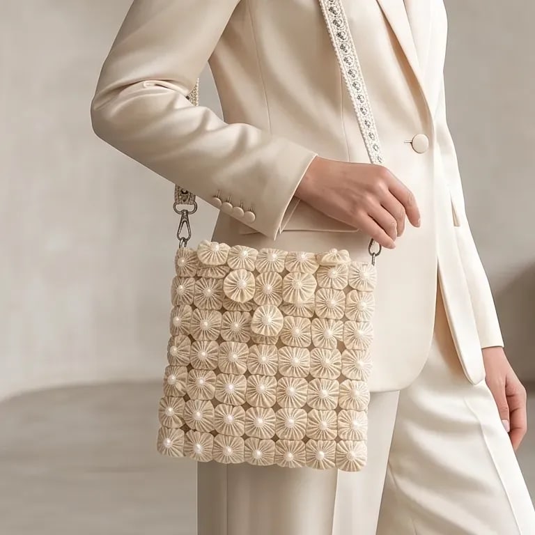 Bolsa Artesanal em Fuxico e Pérolas 'jasmim'