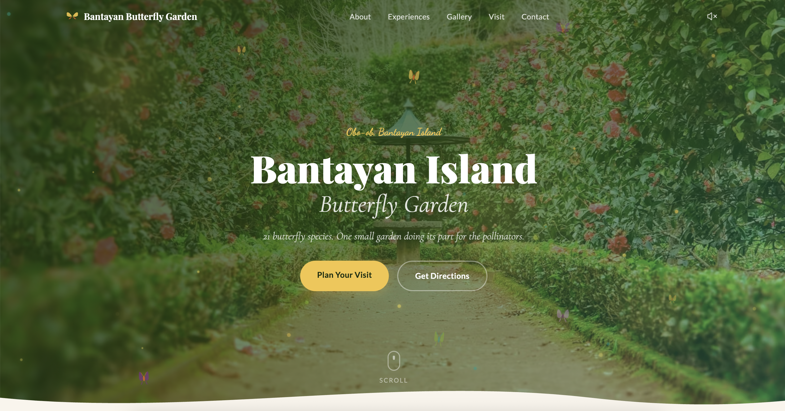 Bantayan Butterfly Garden — a fan-made site for a butterfly sanctuary in bantayan island, cebu. plain html, css and javascript with parallax scrolling and canvas fireflies, plus visit info and directions up front.