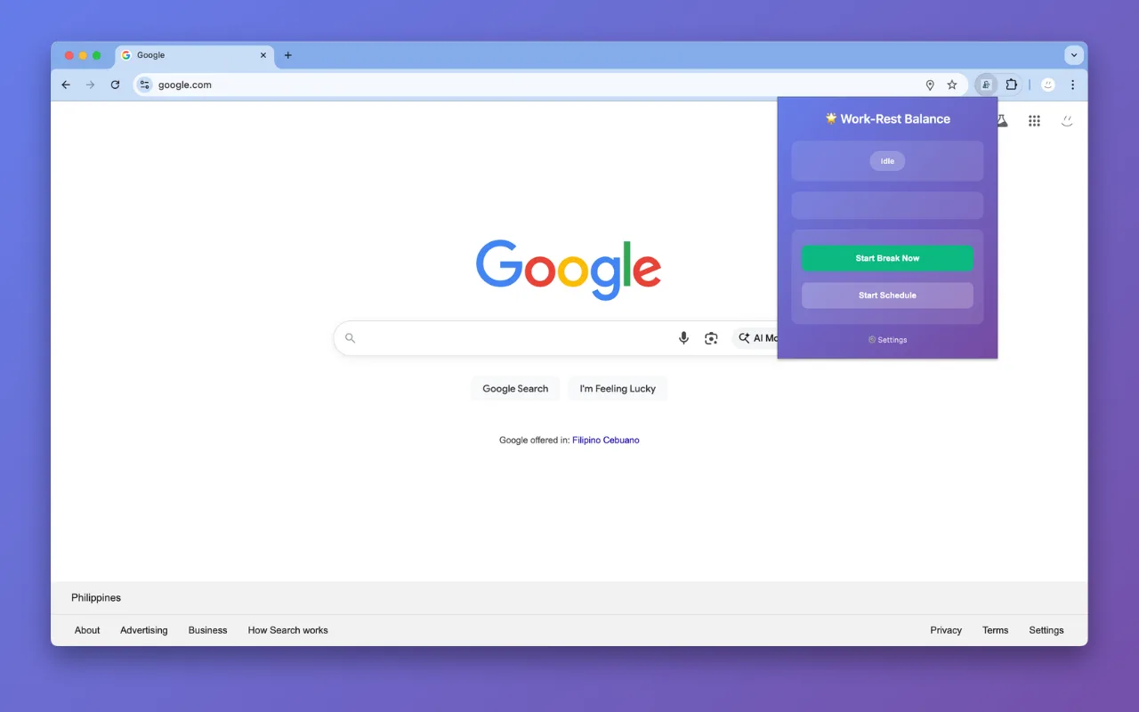 the extension popup over google.com while idle, with start break now and start schedule buttons