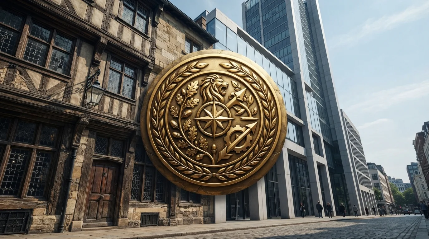 전통과 현대가 어우러진 백년 소상공인의 공방과 세련된 상징적인 인증 마크를 나타낸 일러스트