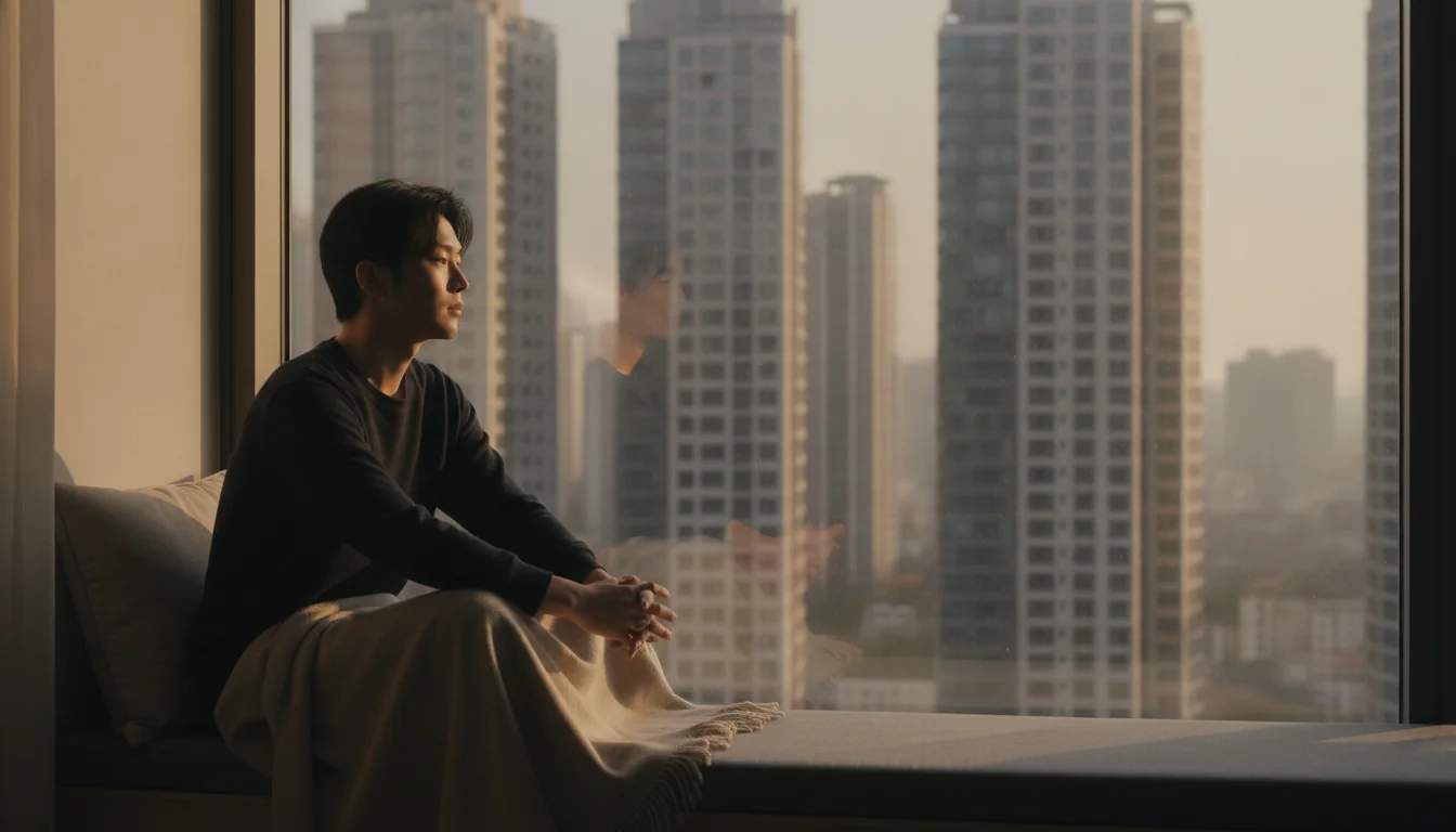 미래를 다짐하며 창밖의 화려한 빌딩 숲을 내려다보는 청년의 뒷모습
