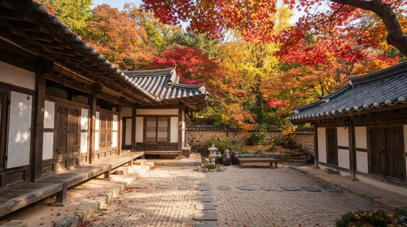 오색단풍이 아름답게 내려앉은 한국 고유의 가을 정원 풍경
